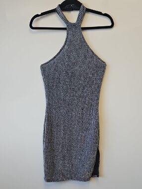 Vintage Super Stretch Black and Silver  Halter Bodycon Mini Dress Sz. Small